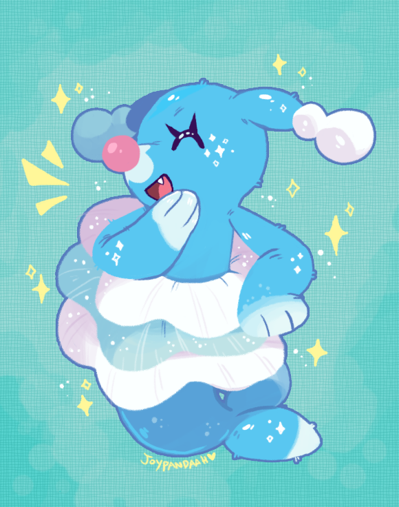 joypandaah, brionne, nintendo, pokemon, commentary, english commentary, aqua background, artist name, closed eyes, eyelashes, fang, full body, gen 7 pokemon, no humans, open mouth, pokemon (creature), pokemon focus, smile, solo, sparkle