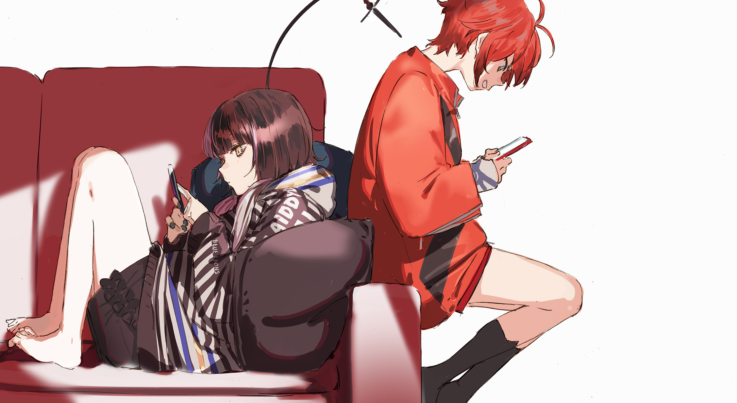 pako (pakosun), machina x flayon, shiori novella, hololive, hololive english, highres, 2girls, alternate costume, barefoot, black hair, brown hair, cellphone, couch, from side, hair over shoulder, holding, holding phone, hood, hoodie, jacket, knees up, long hair, multicolored hair, multiple girls, on couch, phone, pillow, profile, red hair, red jacket, red shorts, short hair, short shorts, shorts, sitting, smartphone, split-color hair, virtual youtuber, white background, white hair