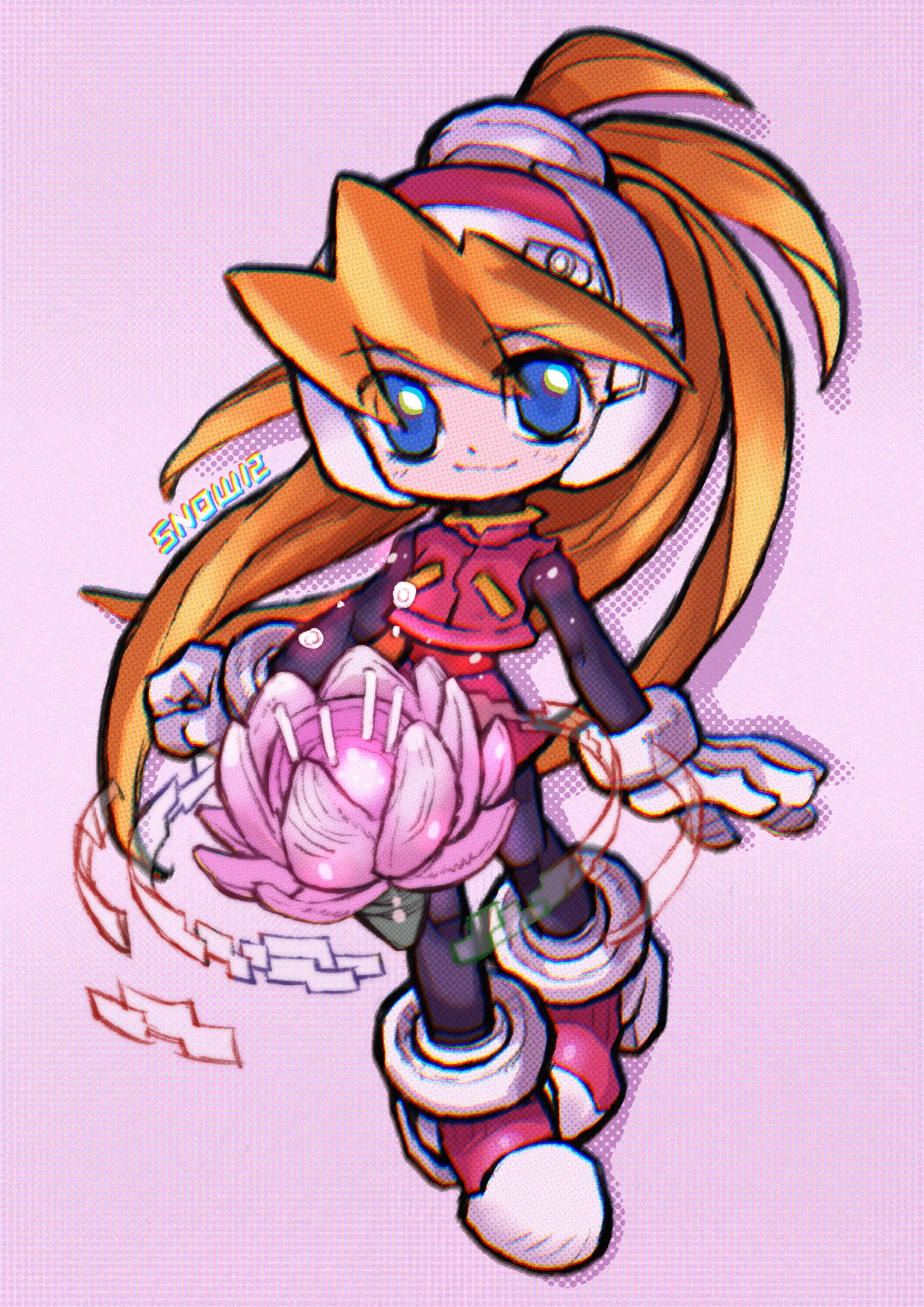 snow12, ciel (mega man), mega man (series), mega man zero (series), absurdres, highres, 1girl, artist name, blonde hair, blue eyes, chibi, full body, high ponytail, long hair, pink background, pink shirt, pink skirt, ponytail, shirt, simple background, skirt, solo