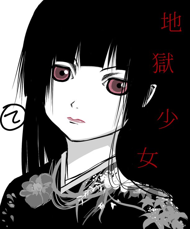 spookie, enma ai, jigoku shoujo, 00s, 1girl, black hair, blunt bangs, copyright name, expressionless, female focus, hime cut, japanese clothes, kimono, lips, long hair, monochrome, red eyes, solo, spot color, upper body