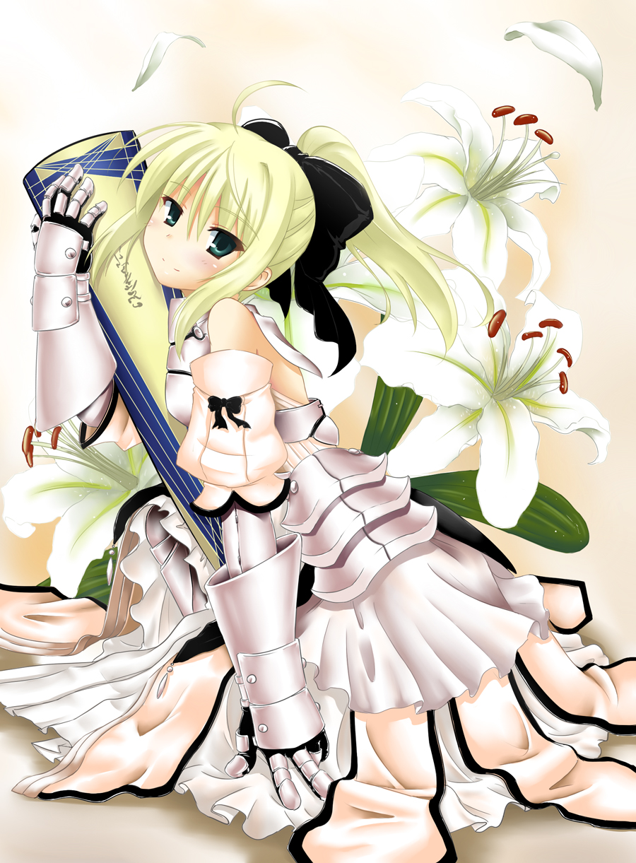 okitakung, artoria pendragon (fate), avalon (fate), saber (fate), saber lily, capcom, fate/stay night, fate/unlimited codes, fate (series), highres, 00s, 1girl, armor, armored dress, blonde hair, dress, female focus, flower, gauntlets, green eyes, lily (flower), ponytail, sheath, solo