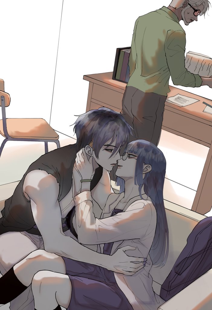 kakei sumire, kawaki (boruto), sanzu amado, boruto: two blue vortex, naruto (series), 1girl, 2boys, beard, bespectacled, black hair, black socks, black vest, blonde hair, blunt bangs, bracelet, chair, coat, couch, desk, dress, eyebrow piercing, face piercing, facial hair, glasses, hair down, hetero, ifevilwhyuhot, imminent kiss, jewelry, long hair, medium dress, multicolored hair, multiple boys, orange-tinted eyewear, paper, piercing, purple dress, sitting, socks, tinted eyewear, two-tone hair, undercut, vest, white coat, white hair