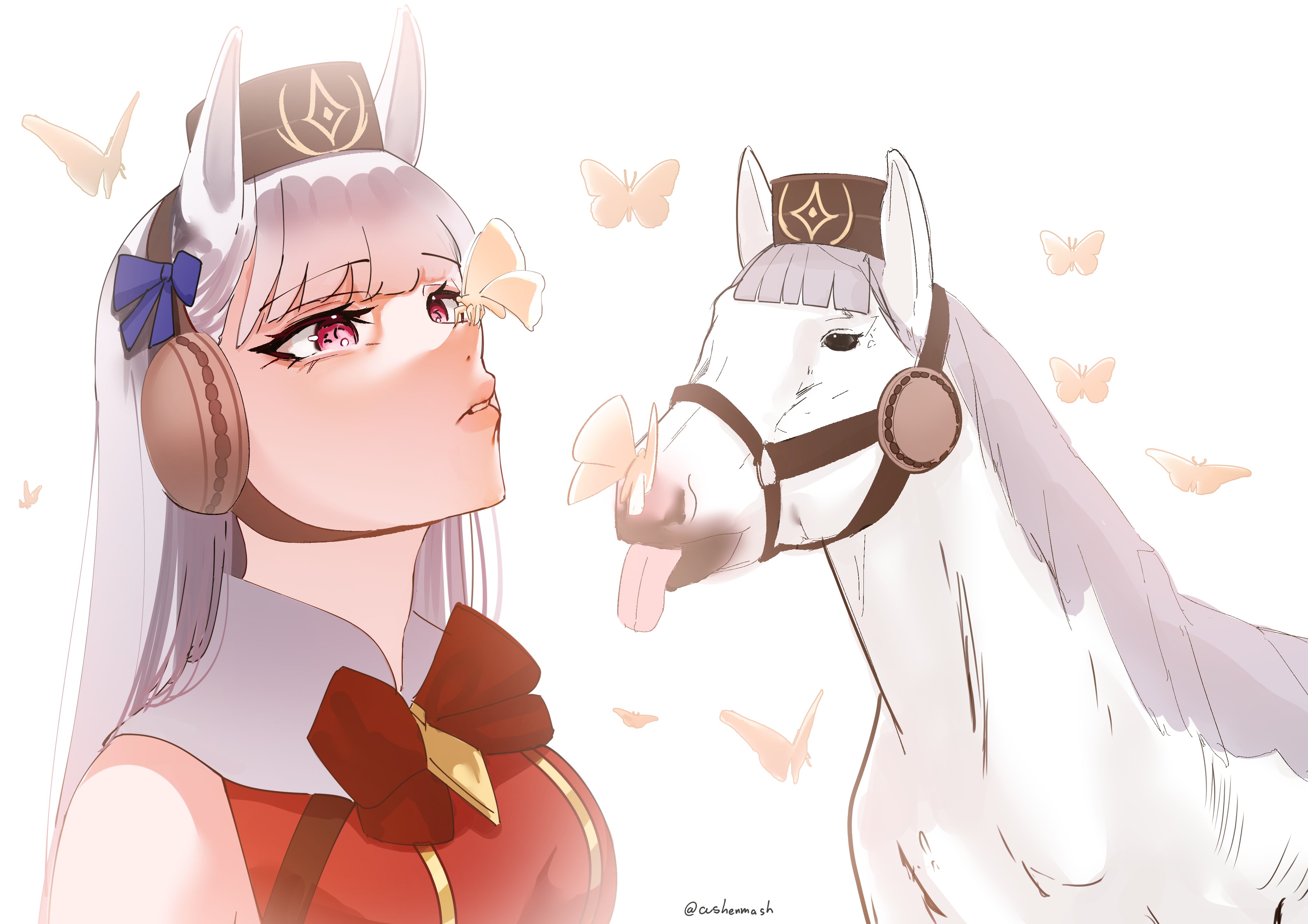 ashenmash, gold ship (red strife) (umamusume), gold ship (umamusume), umamusume, absurdres, commentary, english commentary, highres, 1girl, :p, animal ears, brown hat, bug, butterfly, butterfly on nose, dress, ear covers, hat, horse, horse ears, horse girl, insect, long hair, pillbox hat, pink eyes, red dress, signature, simple background, tongue, tongue out, very long hair, white background, white hair, white horse