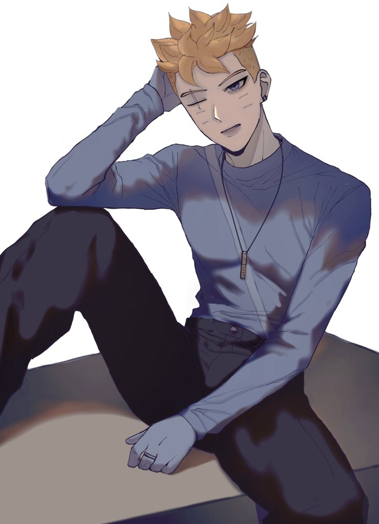 uzumaki boruto, boruto: two blue vortex, naruto (series), 1boy, alternate costume, black pants, blonde hair, blue eyes, blue gloves, blue shirt, earrings, facial mark, gloves, hand on own head, high-waist pants, ifevilwhyuhot, jewelry, long sleeves, male focus, necklace, one eye closed, pants, ring, shirt, sitting, solo, spread legs, undercut, whisker markings