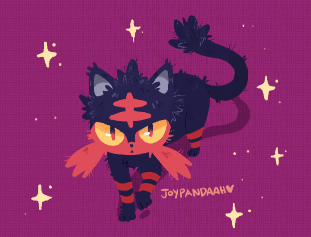 joypandaah, litten, nintendo, pokemon, commentary, english commentary, animal focus, artist name, cat, closed mouth, full body, gen 7 pokemon, no humans, pokemon (creature), pokemon focus, purple background, shadow, solo, sparkle