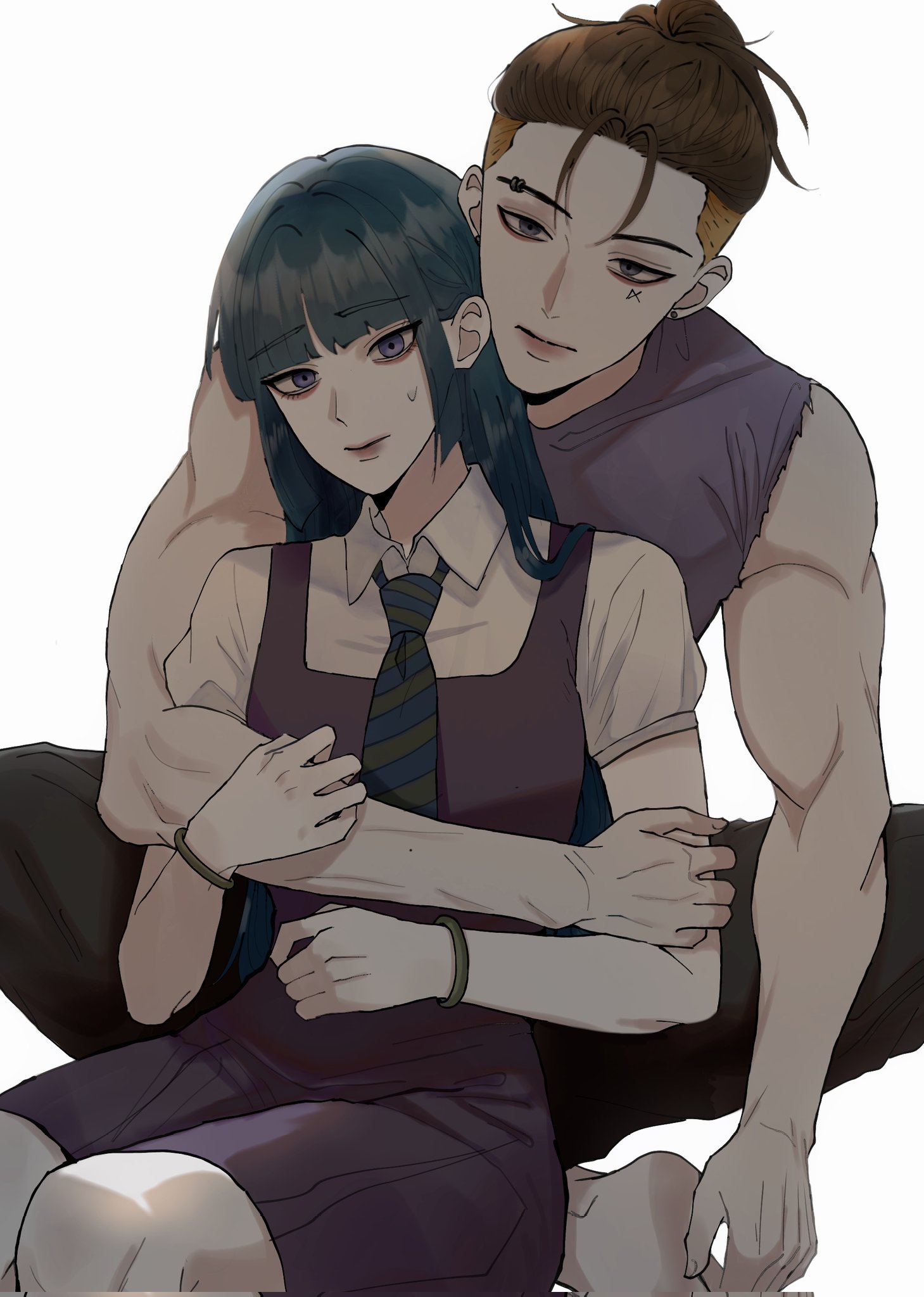 kakei sumire, kawaki (boruto), boruto: two blue vortex, naruto (series), corrupted twitter file, highres, 1boy, 1girl, barefoot, black hair, black pants, blonde hair, blue hair, bracelet, diagonal-striped clothes, diagonal-striped necktie, dress, hair pulled back, hetero, ifevilwhyuhot, jewelry, medium dress, multicolored hair, muscular, muscular male, necktie, nervous smile, pants, ponytail, purple dress, purple eyes, purple shirt, shirt, sitting, smile, striped clothes, sweatdrop, two-tone hair, undercut