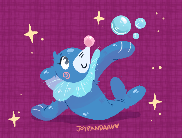 joypandaah, popplio, nintendo, pokemon, commentary, english commentary, animal focus, artist name, blush, blush stickers, bubble, closed mouth, eyelashes, gen 7 pokemon, no humans, pokemon (creature), pokemon focus, purple background, smile, solo, sparkle