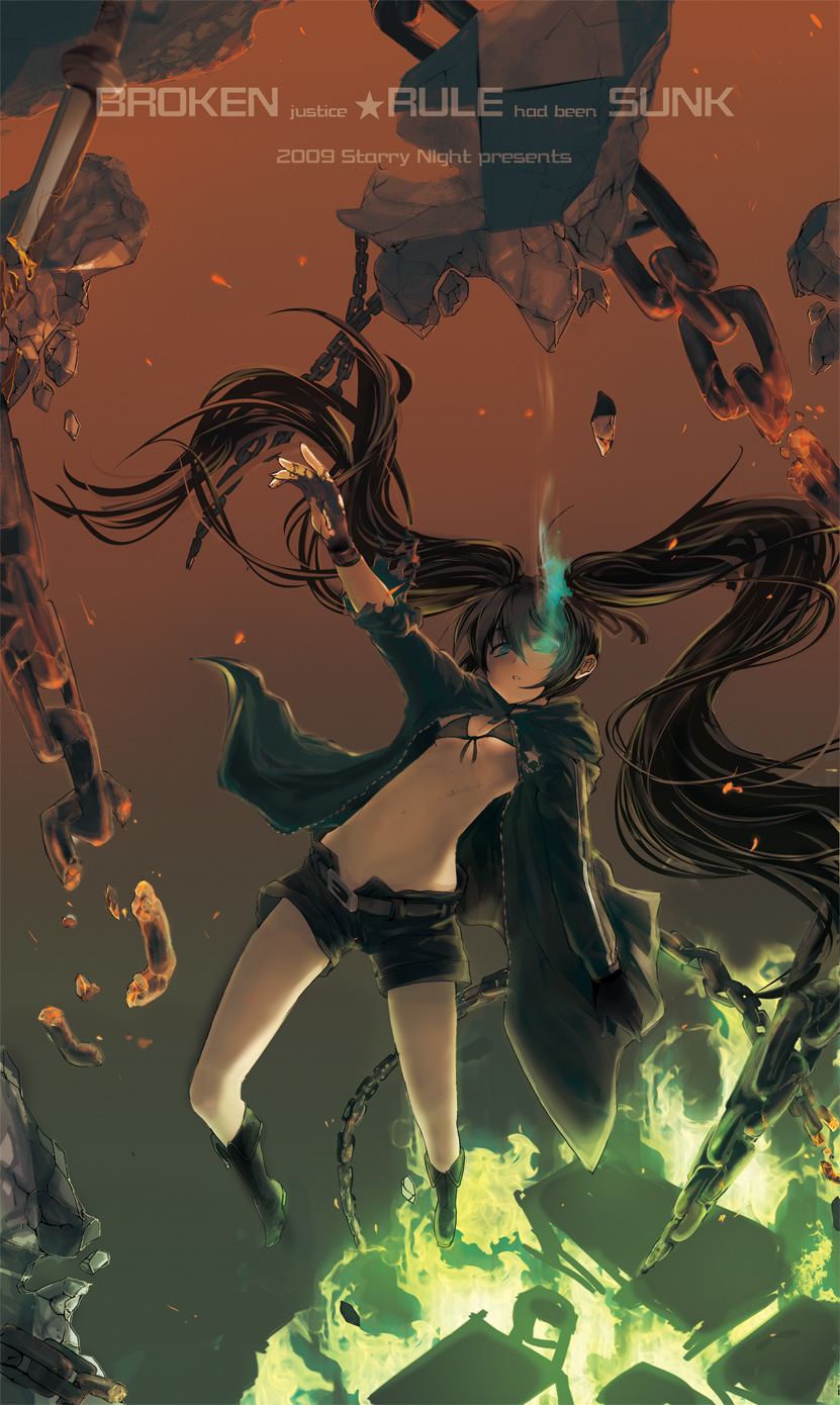 kate wong, black rock shooter (character), black rock shooter, highres, 10s, belt, bikini, bikini top only, black hair, blue eyes, cape, chain, flat chest, gloves, glowing, glowing eyes, long hair, scar, shorts, solo, swimsuit, twintails, very long hair