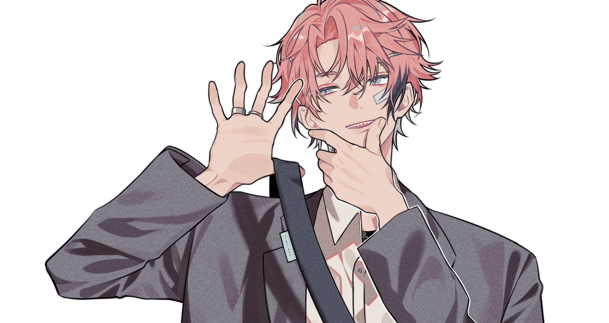 akagi wen, nijisanji, original, commentary, highres, symbol-only commentary, 1boy, alternate costume, arm up, bandage on face, bandages, black jacket, blue eyes, cpupupupu, hair between eyes, hair ornament, hairclip, hand on own chin, jacket, jewelry, long sleeves, looking to the side, multicolored hair, multiple rings, open clothes, open jacket, open mouth, parted bangs, pink hair, ring, sharp teeth, simple background, smile, solo, straight-on, streaked hair, stroking own chin, teeth, upper body, virtual youtuber, white background