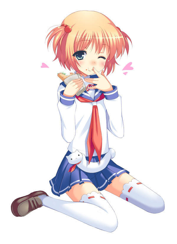 aida takanobu, kataoka yuuki, saki (manga), bad id, bad pixiv id, 00s, 1girl, blue eyes, brown hair, female focus, flat chest, hair bobbles, hair ornament, heart, school uniform, serafuku, short hair, short twintails, skirt, solo, taco, thighhighs, twintails, two side up, zettai ryouiki