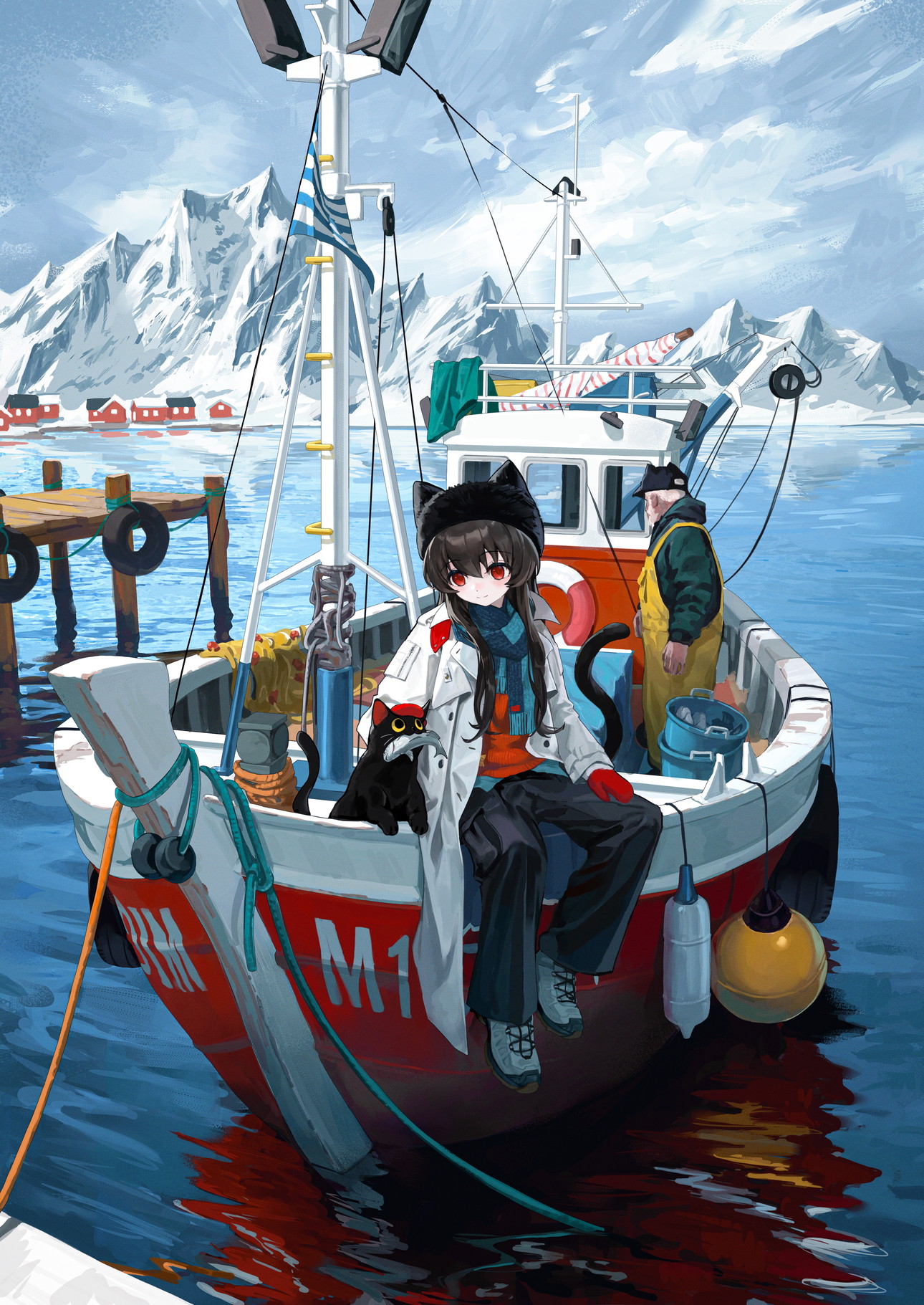 ebiri fy, 1girl, barrel, black cat, black hair, boat, cat, mountain, ocean, red eyes, sitting, snow, water, watercraft