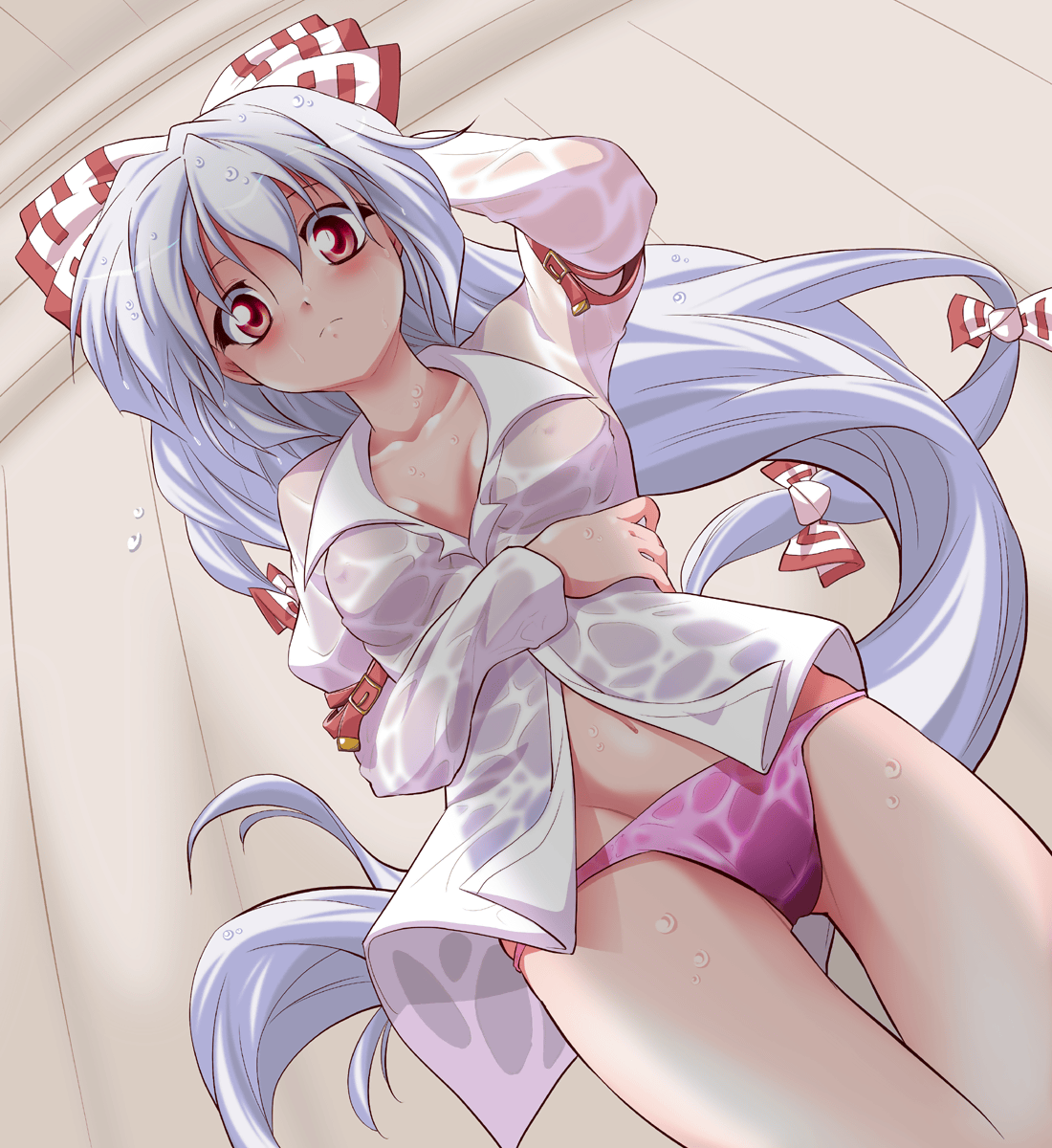 hachi (chihagura), fujiwara no mokou, touhou, silver hair, highres, 1girl, belt, blush, bottomless, bow, dress shirt, female focus, from below, hair bow, hand on own head, long hair, looking down, multiple hair bows, navel, no pants, open clothes, panties, pink panties, red eyes, shirt, solo, underwear, very long hair, wet, wet clothes, white shirt