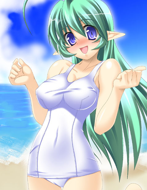 takeda aranobu, original, character request, source request, 1girl, beach, blue eyes, blush, breasts, day, female focus, green hair, long hair, one-piece swimsuit, outdoors, pointy ears, school swimsuit, sky, solo, swimsuit, white one-piece swimsuit, white school swimsuit