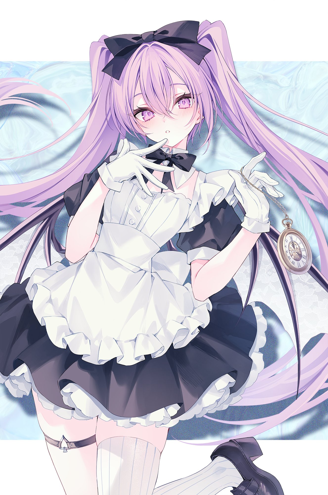 rurudo, original, 1girl, apron, gloves, maid apron, pocket watch, purple eyes, purple hair, single thighhigh, solo, thigh strap, thighhighs, twintails, watch, white gloves, wings