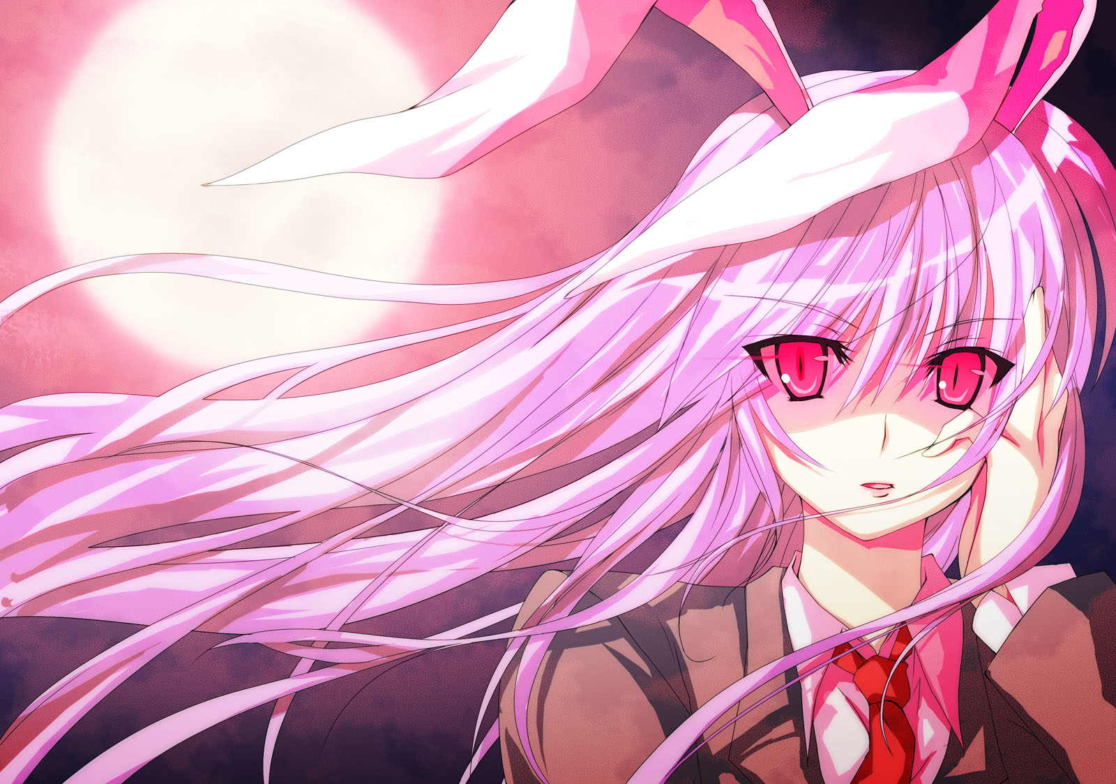 takeda aranobu, reisen udongein inaba, touhou, highres, jpeg artifacts, 1girl, animal ears, female focus, glowing, glowing eyes, long hair, looking at viewer, outdoors, purple hair, rabbit ears, red eyes, sky, solo, upper body