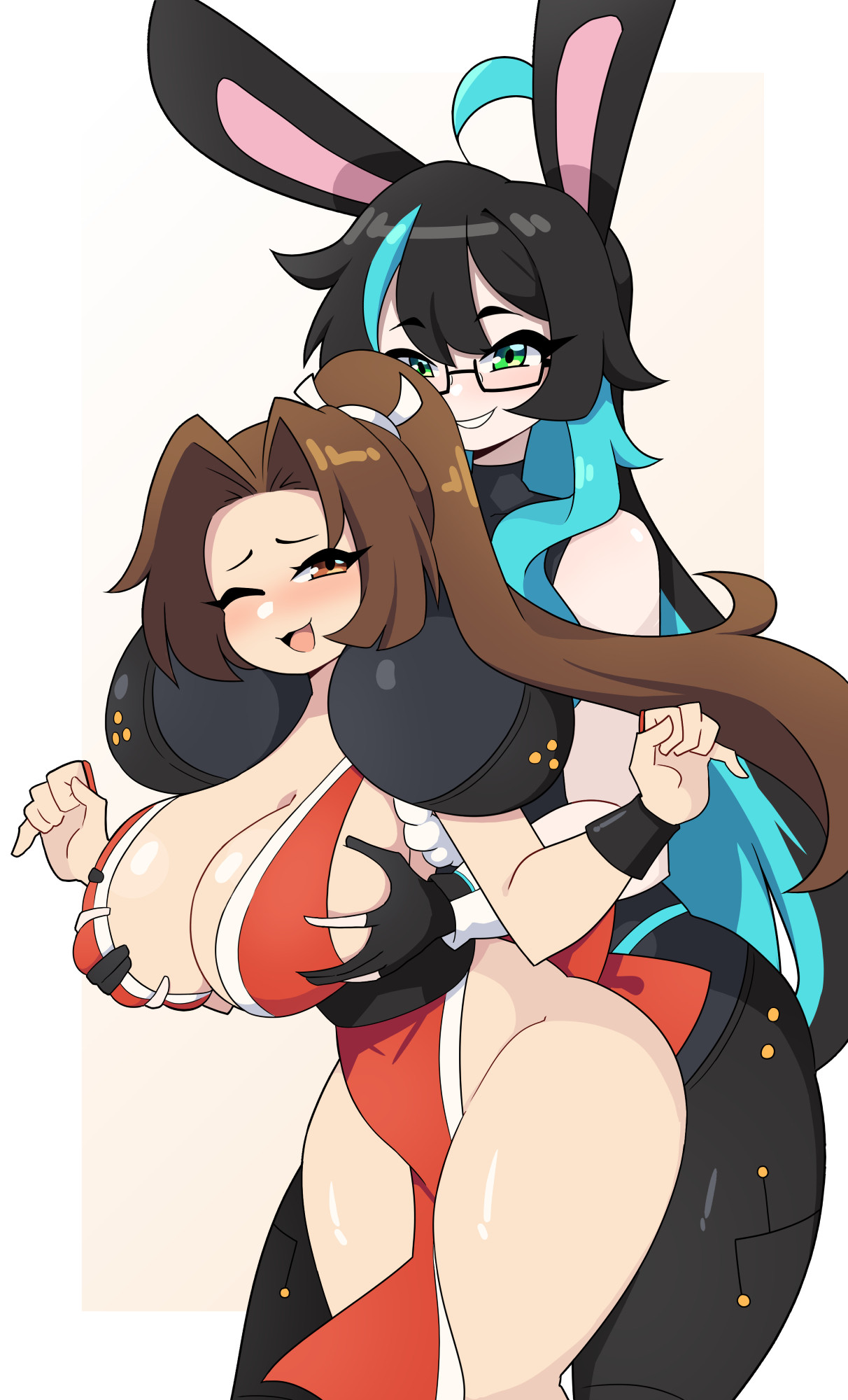 daigada, aya sami, shiranui mai, fatal fury, indie virtual youtuber, snk, the king of fighters, commentary, english commentary, highres, 2girls, animal ears, between breasts, black bodysuit, black gloves, black hair, blue hair, blush, bodysuit, breasts, brown eyes, brown hair, cleavage, glasses, gloves, grabbing another's breast, green eyes, grin, groping, head between breasts, height difference, hug, hug from behind, huge breasts, japanese clothes, kimono, long hair, motoyui, multicolored hair, multiple girls, one eye closed, open mouth, ponytail, rabbit ears, red kimono, simple background, sleeveless, sleeveless bodysuit, sleeveless kimono, smile, two-tone hair, yuri