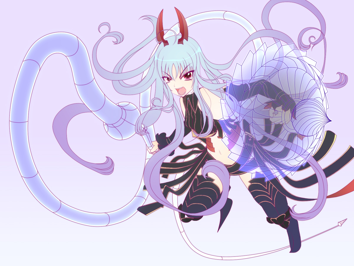 targa, aliasse, senjou no valkyria (series), senjou no valkyria 2, silver hair, 00s, detached sleeves, headdress, horns, long hair, red eyes, shield, thighhighs, whip