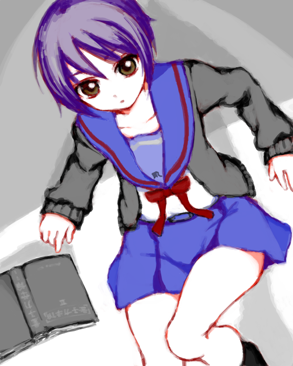 iseki (kuroshura no tabiji), iseki (otameshi), nagato yuki, suzumiya haruhi no yuuutsu, bad id, bad pixiv id, 00s, 1girl, book, brown eyes, female focus, purple hair, school uniform, serafuku, short hair, solo