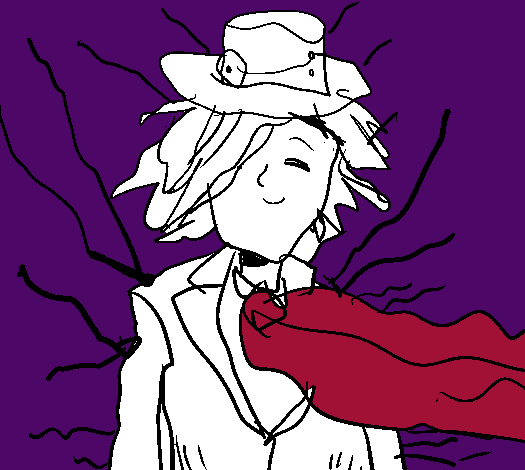 vanila ice ice, original, commentary request, 1boy, cape, closed eyes, closed mouth, formal clothes, grin, hair over one eye, hat, jacket, looking at viewer, male focus, medium hair, nose, purple background, purple theme, simple background, sketch, smile, suit