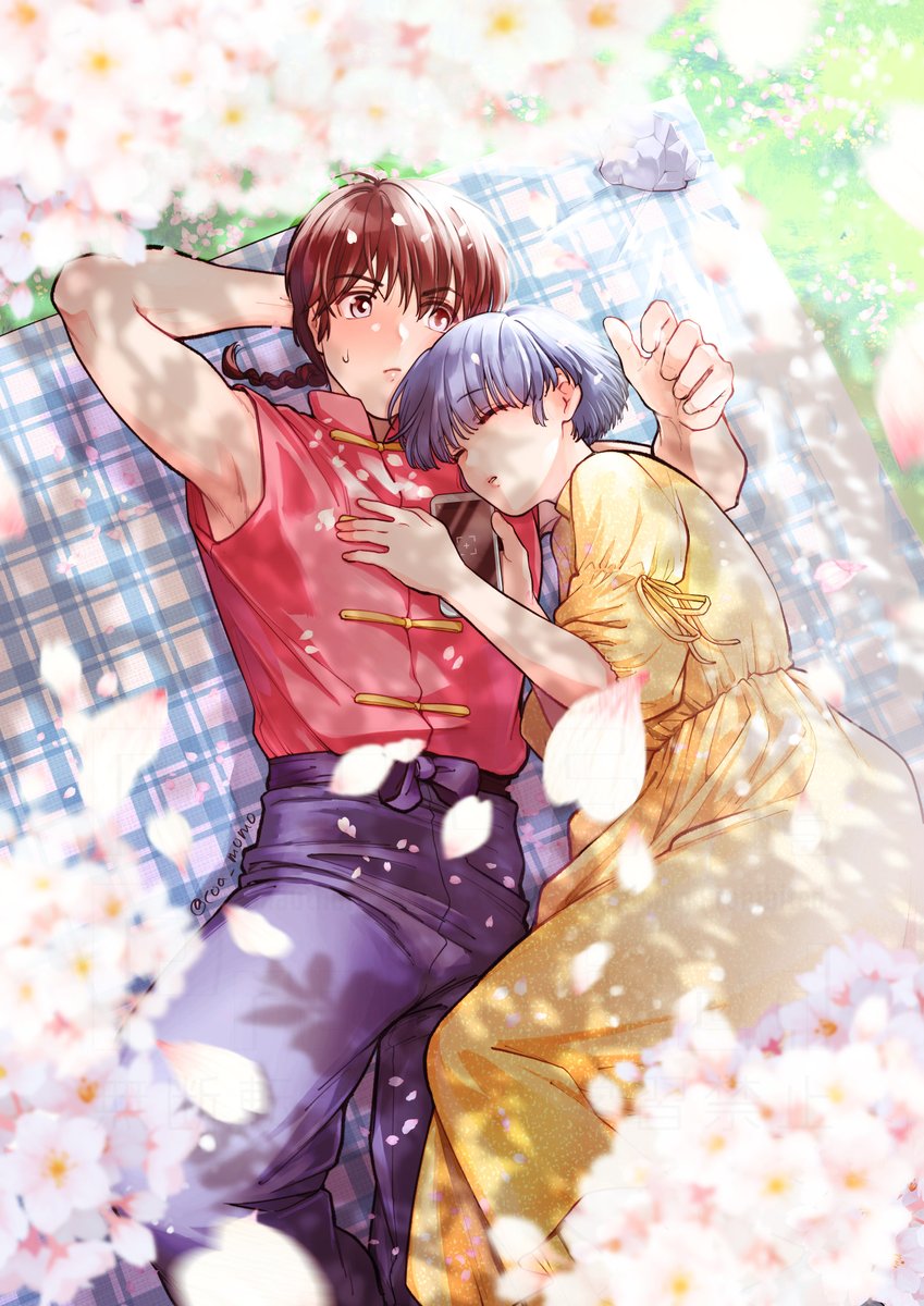 coa (momo), saotome ranma, tendou akane, ranma 1/2, commentary request, highres, 1boy, 1girl, arm behind head, armpit peek, blue hair, blue pants, braid, brown hair, cherry blossoms, chinese clothes, closed eyes, closed mouth, dress, falling petals, flower, frown, grass, hetero, holding, holding phone, lying, on back, outdoors, pants, parted lips, petals, phone, pink flower, pink petals, rock, single braid, sleeping, twitter username, watermark, white eyes, yellow dress