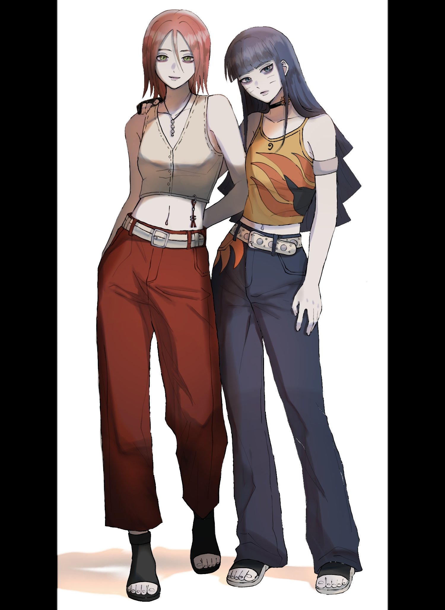 haruno sakura, uzumaki himawari, boruto: two blue vortex, naruto (classic), naruto (series), highres, 2girls, armband, black hair, black pants, blue eyes, blue pants, blunt bangs, breasts, camisole, crop top, denim, ifevilwhyuhot, jeans, jewelry, long hair, medium hair, midriff, multiple girls, navel, necklace, official alternate costume, official alternate hairstyle, open-toe shoes, pants, pillarboxed, pink hair, red pants, small breasts, time paradox, yellow camisole