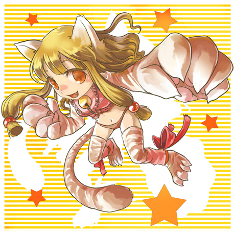 kirino moegi, bad id, bad pixiv id, lowres, animal ears, blonde hair, fang, long hair, orange eyes, panties, ribbon, smile, solo, underwear