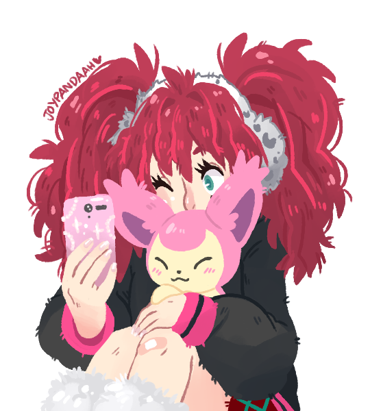 joypandaah, skitty, yotsuba (kyokugen dasshutsu), kyokugen dasshutsu, kyokugen dasshutsu: 9 jikan 9 nin 9 no tobira, nintendo, pokemon, commentary, english commentary, 1girl, :3, aqua eyes, artist name, black jacket, blush, cat, cellphone, closed eyes, closed mouth, crossover, earmuffs, eyelashes, fan request, gen 3 pokemon, holding, holding phone, jacket, long hair, long sleeves, one eye closed, phone, pokemon (creature), red hair, selfe, simple background, sitting, smartphone, tumblr ask, twintails, white background