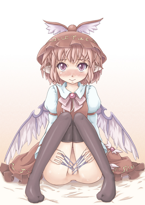 marujin, mystia lorelei, touhou, 1girl, animal ears, black thighhighs, blush, brown hair, female focus, fingernails, hat, long fingernails, nail (hardware), no panties, purple eyes, pussy, short hair, sitting, solo, thighhighs, unworn hat, unworn headwear, wings