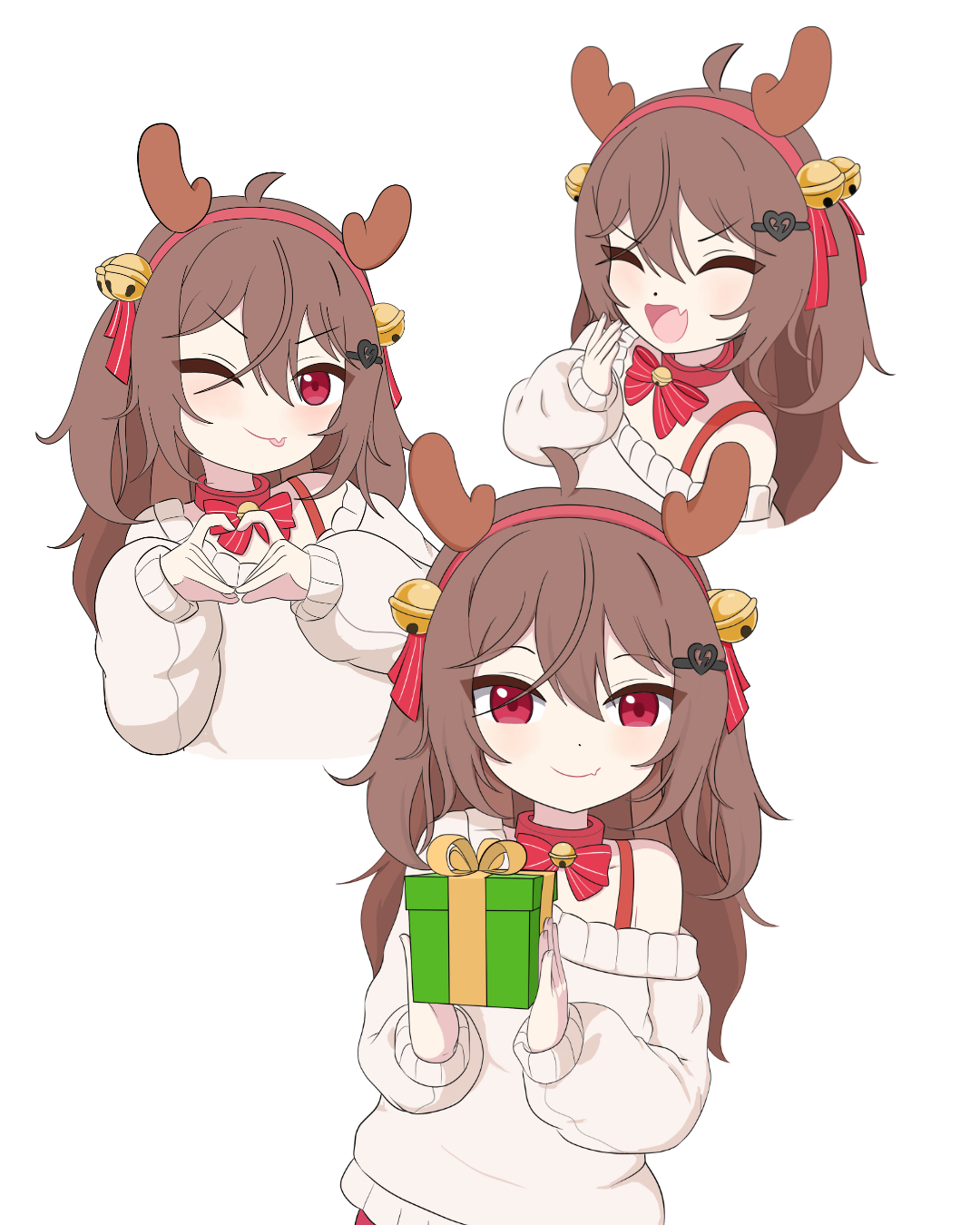 evil neuro-sama, neuro-sama, commentary, english commentary, highres, 1girl, ahoge, antlers, broken heart, broken heart hair ornament, brown hair, closed mouth, cropped torso, fang, gift, hair between eyes, hair ribbon, heart, holding, holding gift, horns, long hair, long sleeves, multiple views, nokkopi, one eye closed, open mouth, red eyes, red ribbon, reindeer antlers, ribbon, skin fang, smile, sweater, tongue, tongue out, two side up, vedal ai, virtual youtuber, white sweater