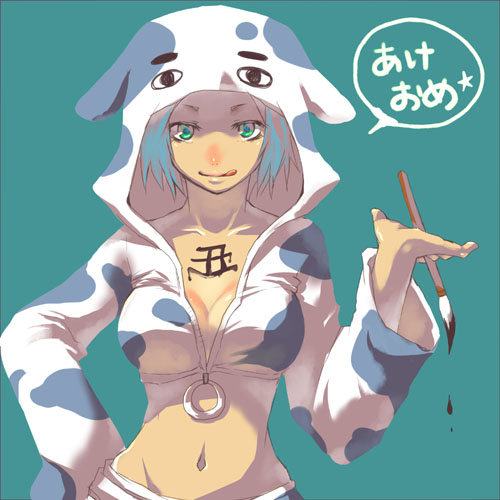 kirino moegi, original, bad id, bad pixiv id, lowres, translated, 1girl, :q, animal costume, animal print, blue eyes, blue hair, breasts, calligraphy brush, cleavage, cow costume, cow girl, cow print, crop top, female focus, hood, large breasts, matching hair/eyes, midriff, navel, o-ring, o-ring top, paint, paintbrush, simple background, solo, tongue, tongue out, wide sleeves