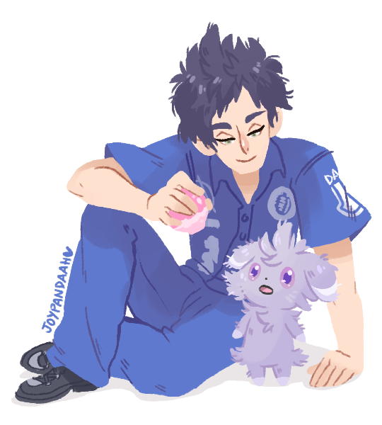 joypandaah, espurr, sigma (kyokugen dasshutsu), kyokugen dasshutsu, kyokugen dasshutsu adv: zennin shibou desu, nintendo, pokemon, commentary, english commentary, 1boy, artist name, black hair, black shoes, blue pants, blue shirt, closed mouth, collared shirt, crossover, eyelashes, fan request, food, full body, gen 6 pokemon, green eyes, holding, holding food, male focus, open mouth, pants, poke puff, pokemon (creature), shirt, shoes, short hair, short sleeves, simple background, sitting, smile, tumblr ask, white background