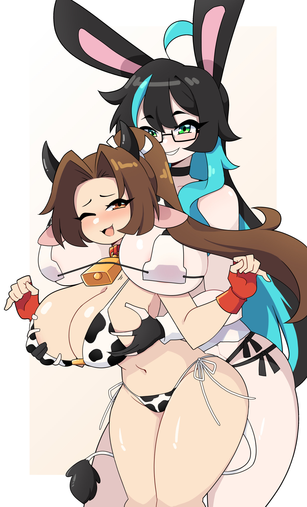 daigada, aya sami, shiranui mai, fatal fury, indie virtual youtuber, snk, the king of fighters, commentary, english commentary, highres, 2girls, animal ears, animal print, bell, between breasts, bikini, black choker, black gloves, black hair, blue hair, blush, breasts, brown eyes, brown hair, choker, cow ears, cow horns, cow print, cow print bikini, cow tail, cowbell, glasses, gloves, grabbing another's breast, green eyes, grin, groping, head between breasts, height difference, horns, hug, hug from behind, huge breasts, long hair, motoyui, multicolored hair, multiple girls, official alternate costume, one eye closed, open mouth, ponytail, print bikini, rabbit ears, red gloves, side-tie bikini bottom, smile, swimsuit, tail, two-tone hair, white bikini, yuri