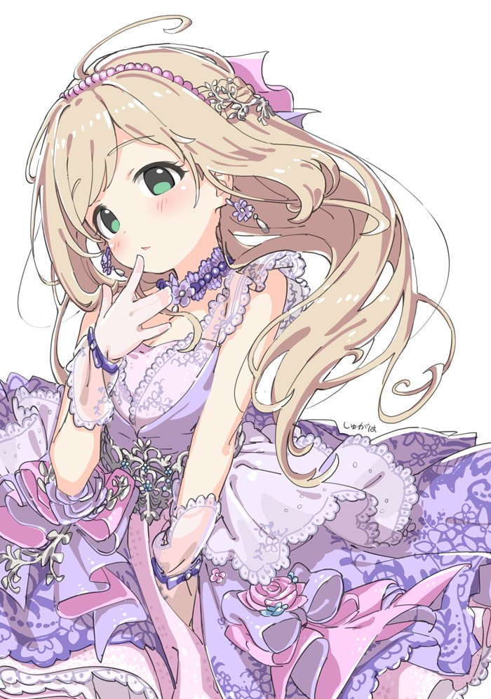 kuresuku (lessons), sato shin, idolmaster, idolmaster cinderella girls, 1girl, ahoge, asymmetrical bangs, bead choker, bead hairband, beads, blonde hair, blush, choker, dot nose, dress, earrings, eyelashes, flower earrings, green eyes, jewelry, lace, lace-trimmed choker, lace-trimmed dress, lace-trimmed wrist cuffs, lace trim, long hair, looking at viewer, parted bangs, parted lips, purple dress, solo, white background, wrist cuffs