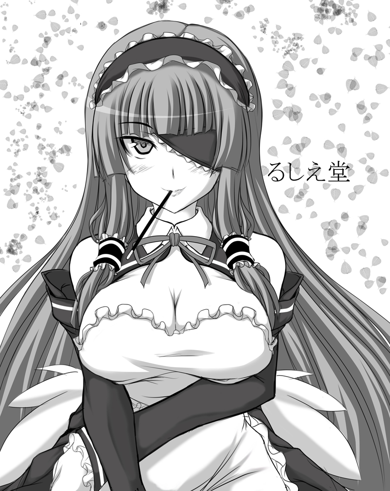 jema, mari (dream c club), dream c club, dream c club (series), 1girl, breasts, cleavage, eyepatch, female focus, food, greyscale, large breasts, long hair, maid, monochrome, pocky, solo, very long hair, wings