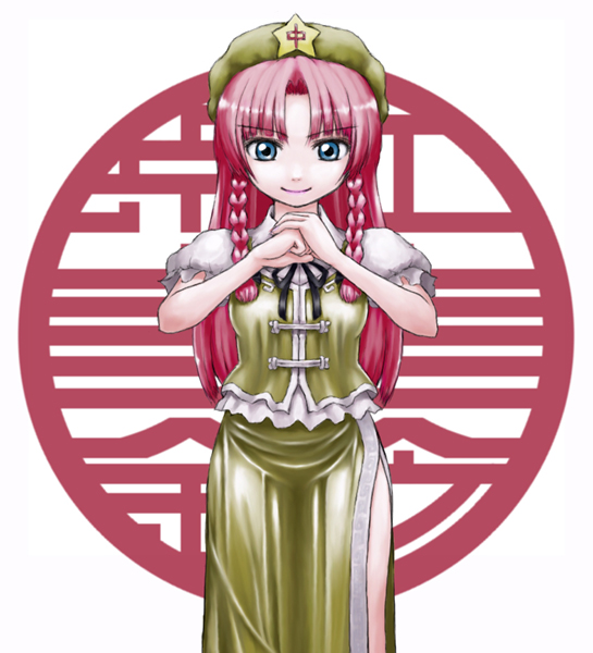 iseki (kuroshura no tabiji), iseki (otameshi), hong meiling, embodiment of scarlet devil, touhou, 1girl, blue eyes, braid, china dress, chinese clothes, dress, female focus, hat, long hair, red hair, solo, twin braids