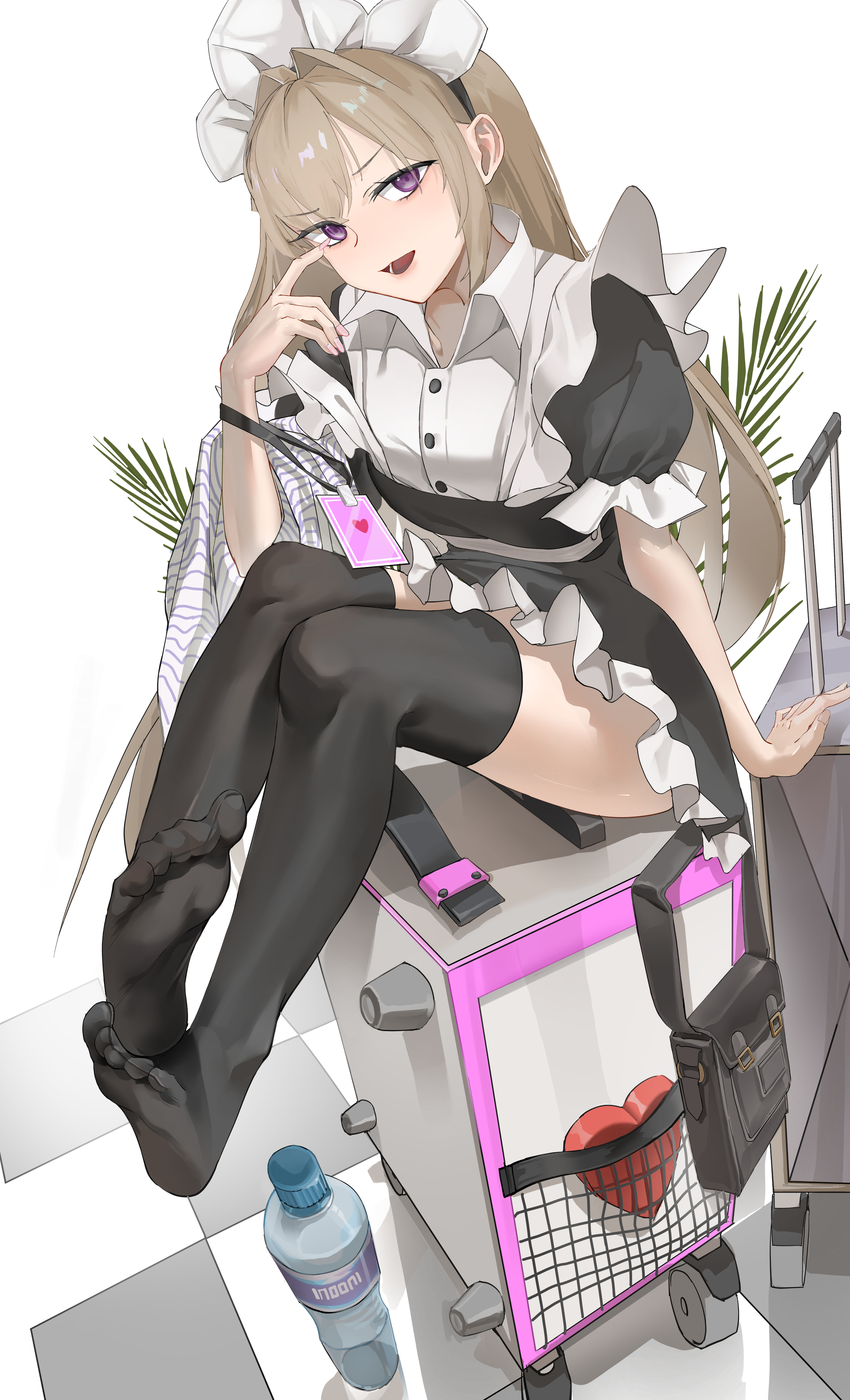 weeyi, original, absurdres, highres, 1girl, black thighhighs, bottle, brown hair, feet, lanyard, long hair, looking at viewer, maid, open mouth, purple eyes, soles, thighhighs, toes, water bottle