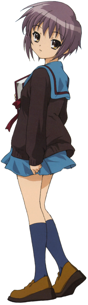 nagato yuki, suzumiya haruhi no yuuutsu, long image, official art, tall image, 00s, 1girl, brown eyes, female focus, full body, looking back, school uniform, serafuku, short hair, solo, standing, transparent background