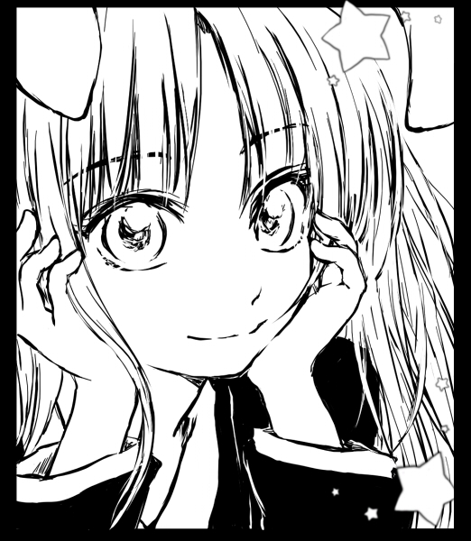 iseki (kuroshura no tabiji), iseki (otameshi), reisen udongein inaba, touhou, 1girl, animal ears, female focus, greyscale, monochrome, rabbit ears, solo, star (symbol)