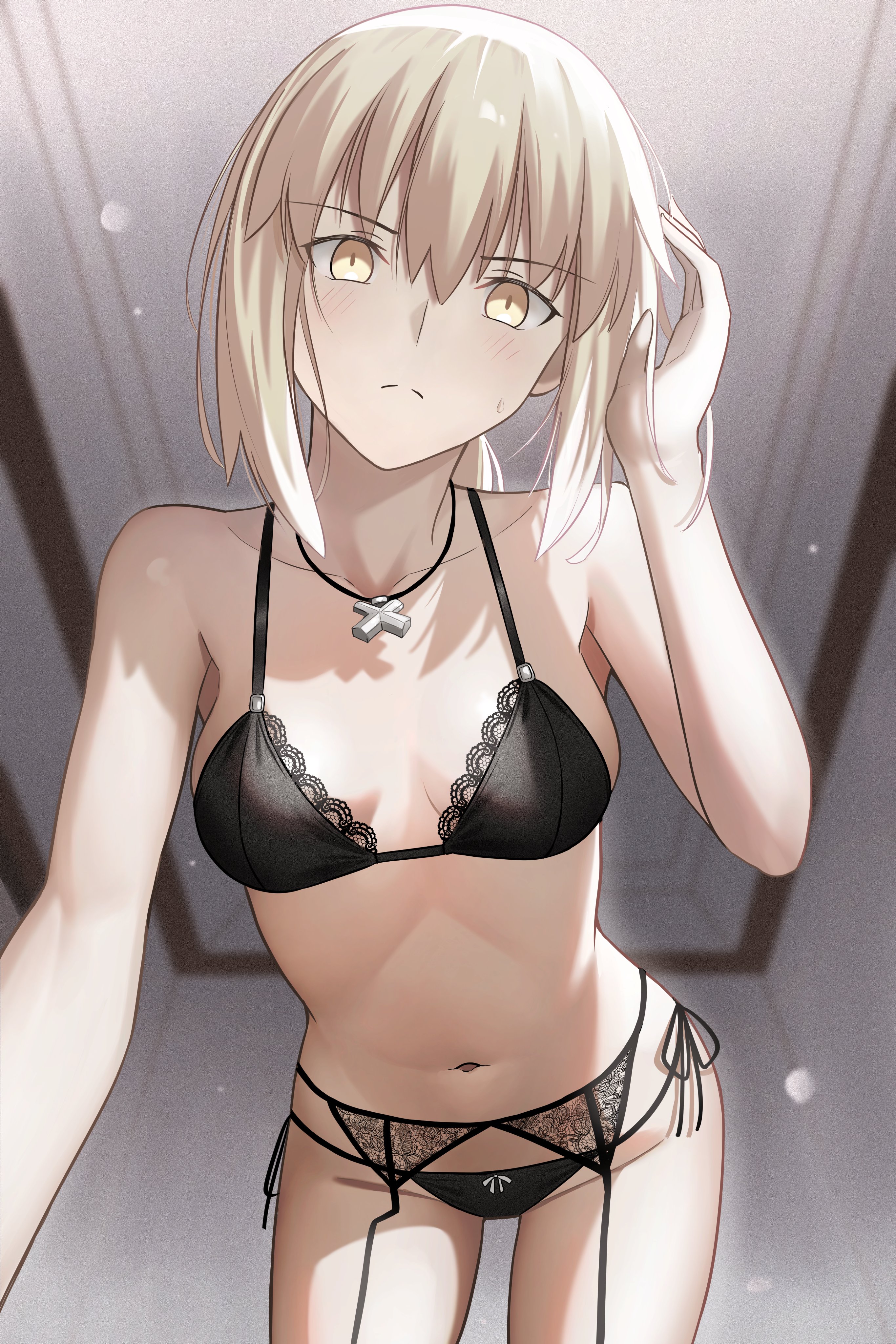 longdq3008, artoria pendragon (fate), saber alter, fate/grand order, fate (series), absurdres, commentary, english commentary, highres, 1girl, bare shoulders, black bra, black panties, blonde hair, bra, breasts, cleavage, garter belt, long hair, looking at viewer, low ponytail, medium breasts, navel, panties, ponytail, sidelocks, solo, thighs, underwear, yellow eyes