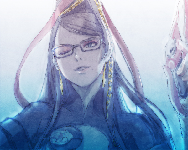 knhl, bayonetta, bayonetta (series), bayonetta 1, 1girl, black hair, blue eyes, earrings, eyeshadow, female focus, from below, glasses, gun, hair ribbon, jewelry, long hair, makeup, mole, mole under mouth, one eye closed, ribbon, solo, weapon, wink