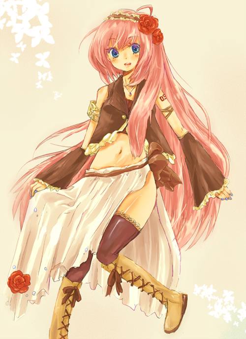 gulico, megurine luka, vocaloid, bad id, bad pixiv id, 1girl, ahoge, blue eyes, female focus, flower, hairband, long hair, midriff, navel, pink hair, rose, skirt, smile, solo, thighhighs, very long hair
