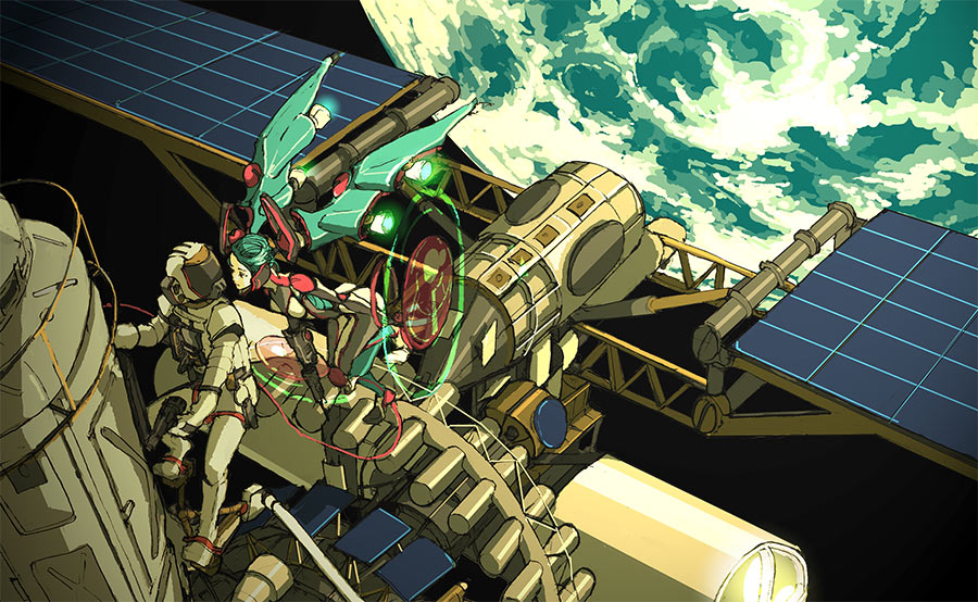 gecco, hirasawa geko, hatsune miku, mikumix, vocaloid, bad id, bad pixiv id, 1girl, aqua hair, bodysuit, earth (planet), satellite, space, spacesuit, twintails