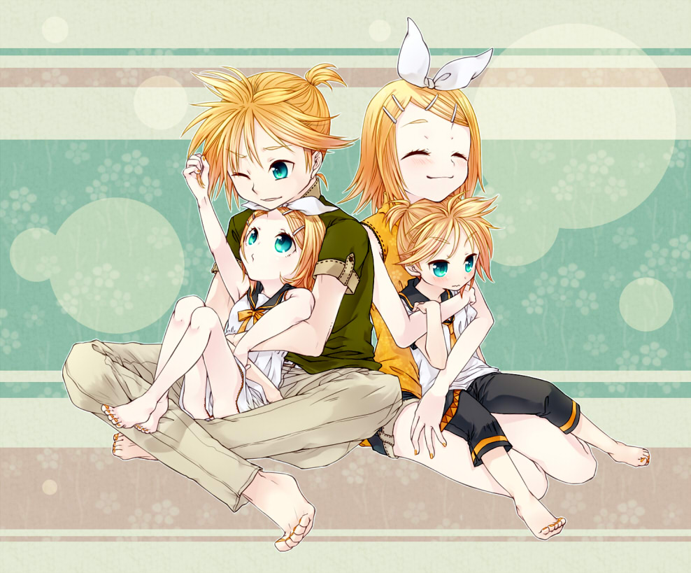 velpaw, kagamine len, kagamine rin, vocaloid, 1boy, 1girl, aqua eyes, barefoot, blonde hair, blush, brother and sister, child, dress, feet, hair ornament, hair ribbon, hairclip, one eye closed, ribbon, sailor dress, short hair, siblings, sitting, smile, time paradox, twins, wink