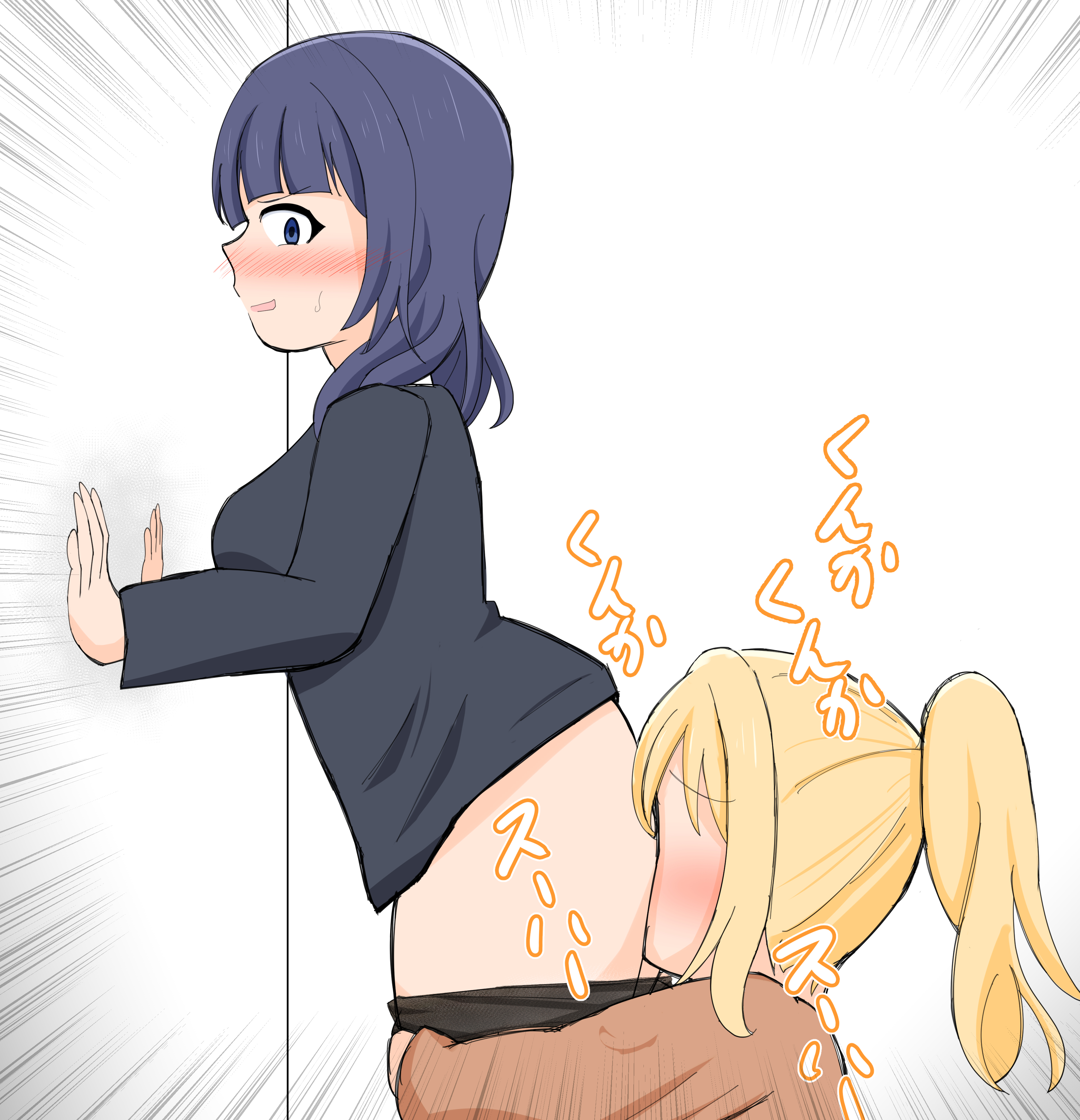neriite, asaka karin, miyashita ai, love live!, love live! nijigasaki high school idol club, 2girls, against wall, black pantyhose, blonde hair, blue eyes, blue hair, blue jacket, blush, brown jacket, clothes pull, embarrassed, face in ass, hugging another's leg, inhaling, jacket, long sleeves, medium hair, multiple girls, nijigasaki school uniform, no eyes, pantyhose, pantyhose pull, ponytail, school uniform, sweatdrop, yuri