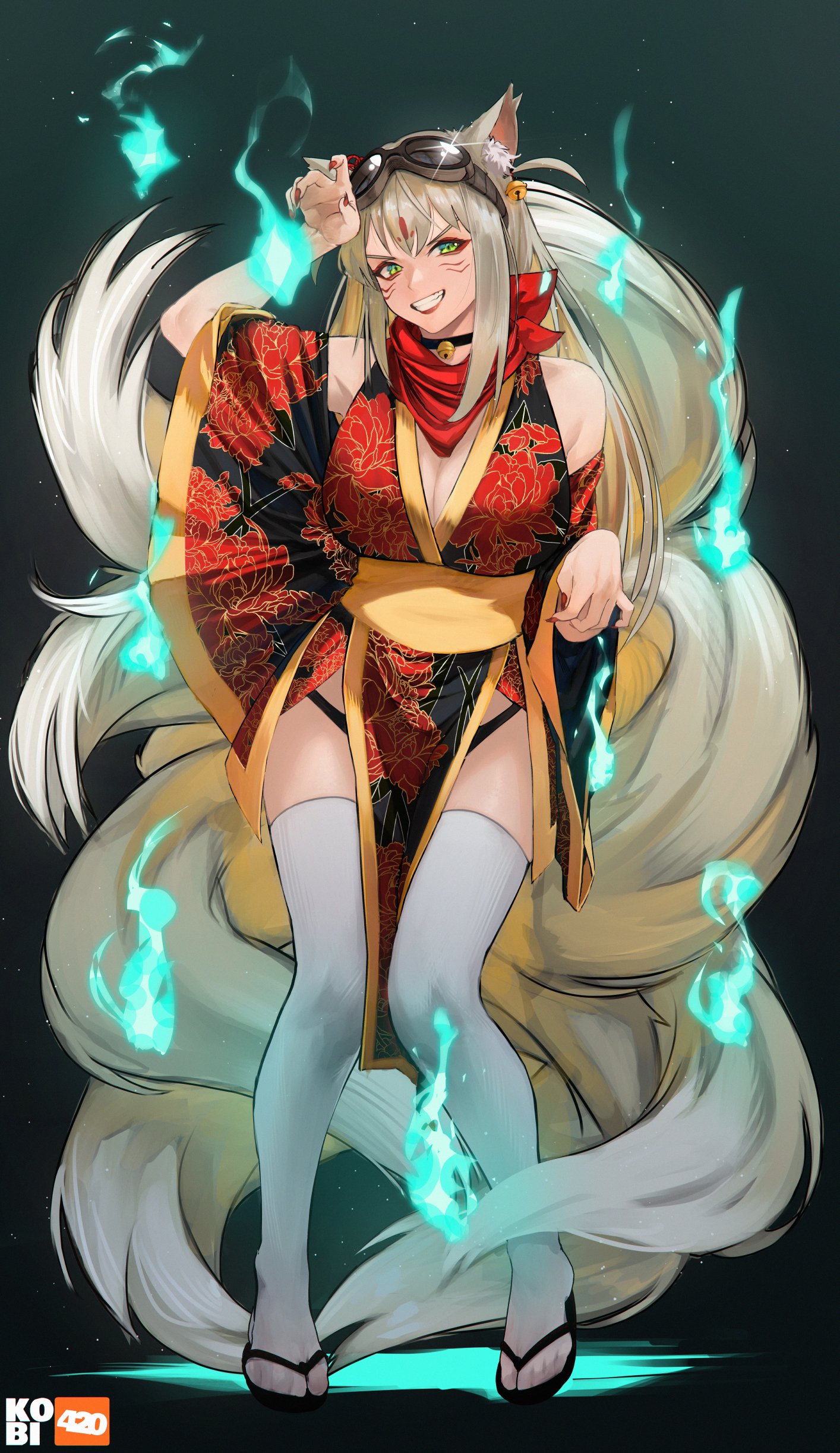 kobi420, absurdres, character request, highres, 1girl, animal ears, bare shoulders, black background, black kimono, black panties, blonde hair, blush, breasts, cleavage, detached sleeves, facial mark, fire, floral print, forehead mark, fox ears, fox girl, full body, goggles, goggles on head, green eyes, green fire, hitodama, japanese clothes, jingle bell earrings, kimono, kitsune, kyuubi, large breasts, long hair, looking at viewer, multiple tails, nail polish, panties, red kimono, red nails, sandals, sash, side slit, simple background, smile, solo, tail, thighhighs, two-tone kimono, underwear, white thighhighs, yellow sash