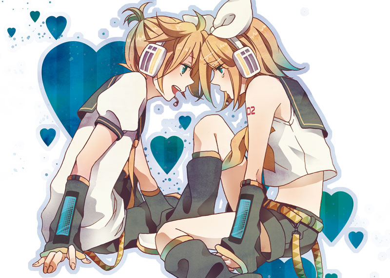 nagi kanami, kagamine len, kagamine rin, vocaloid, bad id, bad pixiv id, 1boy, 1girl, blonde hair, blue eyes, brother and sister, face-to-face, forehead-to-forehead, hair ornament, hair ribbon, hairclip, headphones, heads together, heart, ribbon, short hair, shorts, siblings, sitting, smile, tears, twins
