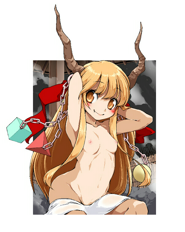 maskman, ibuki suika, touhou, 1girl, armpits, arms up, blonde hair, blush, breasts, chain, fang, female focus, flat chest, horns, long hair, looking at viewer, nipples, nude, onsen, sitting, small breasts, smile, solo, towel, very long hair, yellow eyes