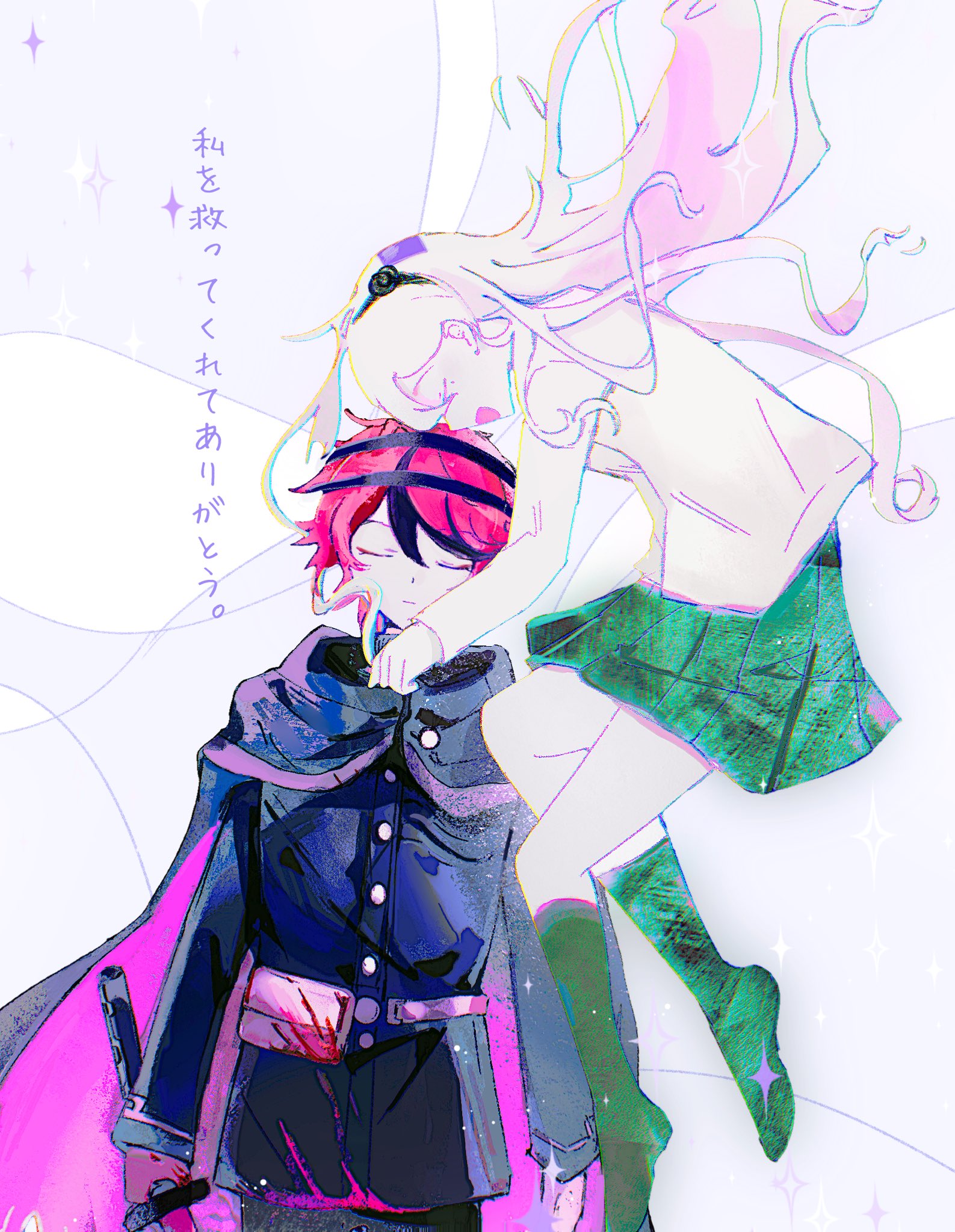 kashimiya karua, sumino takumi, the hundred line -last defense academy-, commentary, highres, translation request, 1boy, 1girl, belt, belt pouch, black cape, black flower, black hair, black hairband, black jacket, black pants, blood, blood on clothes, boots, buttons, cape, chromatic aberration, closed eyes, closed mouth, flower, ghoulybot xox, green boots, green skirt, hairband, holding, holding sword, holding weapon, jacket, knee boots, last defense academy school uniform, long hair, long sleeves, miniskirt, mole, mole under eye, multicolored hair, open mouth, pants, pleated skirt, pouch, red hair, school uniform, short hair, skirt, smile, sparkle, sword, two-sided cape, two-sided fabric, two-tone hair, very long hair, weapon, white belt, white hair, white jacket