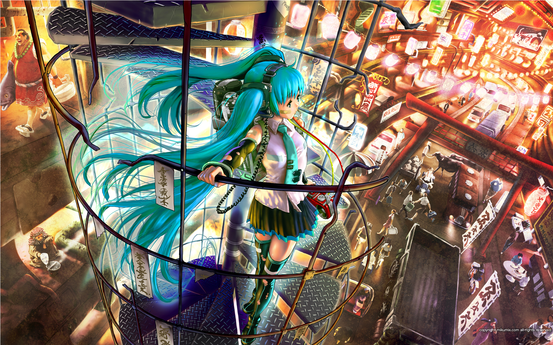 yasumori zen, hatsune miku, mikumix, vocaloid, highres, 1girl, aqua eyes, aqua hair, blue hair, cityscape, detached sleeves, female focus, headphones, legs, long hair, necktie, night, radio, scenery, skirt, solo, stairs, thighhighs, twintails, very long hair, zettai ryouiki