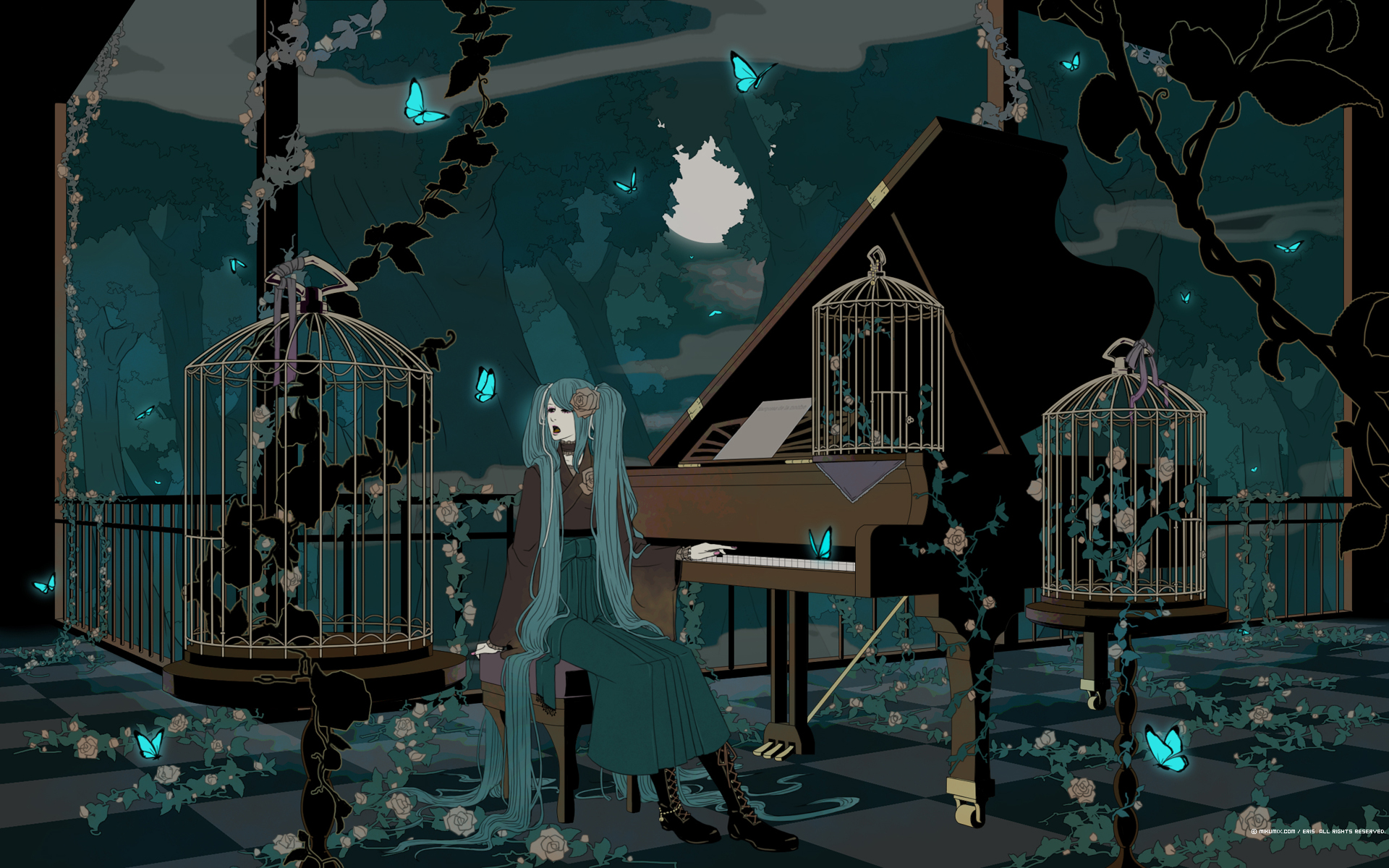 eris, eris (straying platoon), hatsune miku, mikumix, vocaloid, highres, 1girl, aqua eyes, aqua hair, boots, bug, butterfly, cage, female focus, flower, grand piano, hakama, hakama skirt, insect, instrument, japanese clothes, kimono, long hair, meiji schoolgirl uniform, moon, music, open mouth, piano, piano bench, rose, scenery, singing, sitting, skirt, solo, twintails, very long hair
